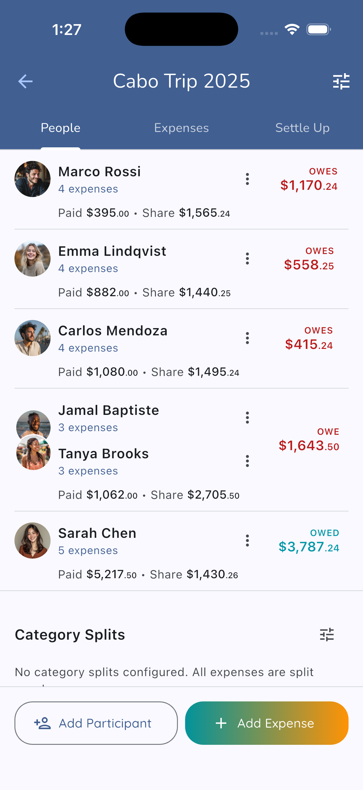 People tab showing participants, who owes whom, and balances