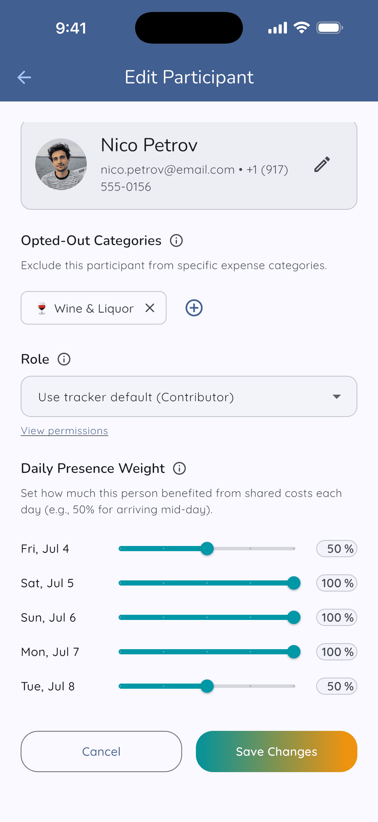 Edit Participant view: pro-rated daily presence weights, opted-out categories, and per-participant role