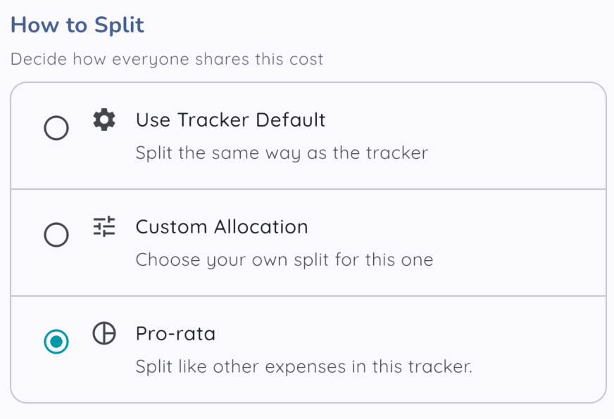 How to Split panel with Pro-rata option selected: split like other expenses in this tracker